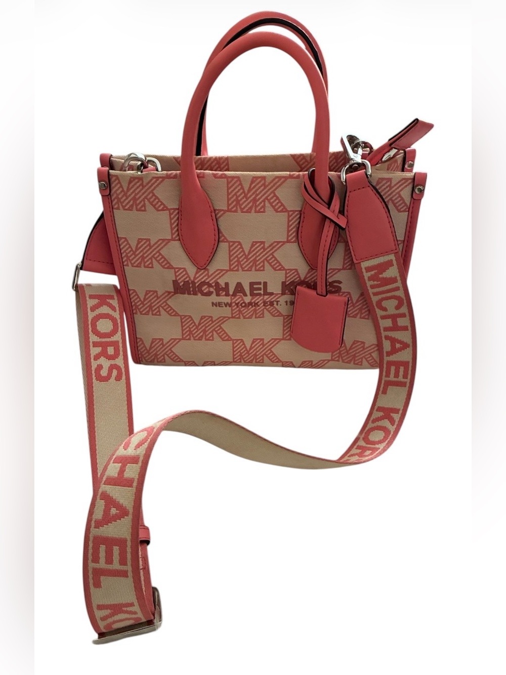 Michael Kors Mirella Small Logo Jacquard Crossbody Bag tea rose pink colorway.